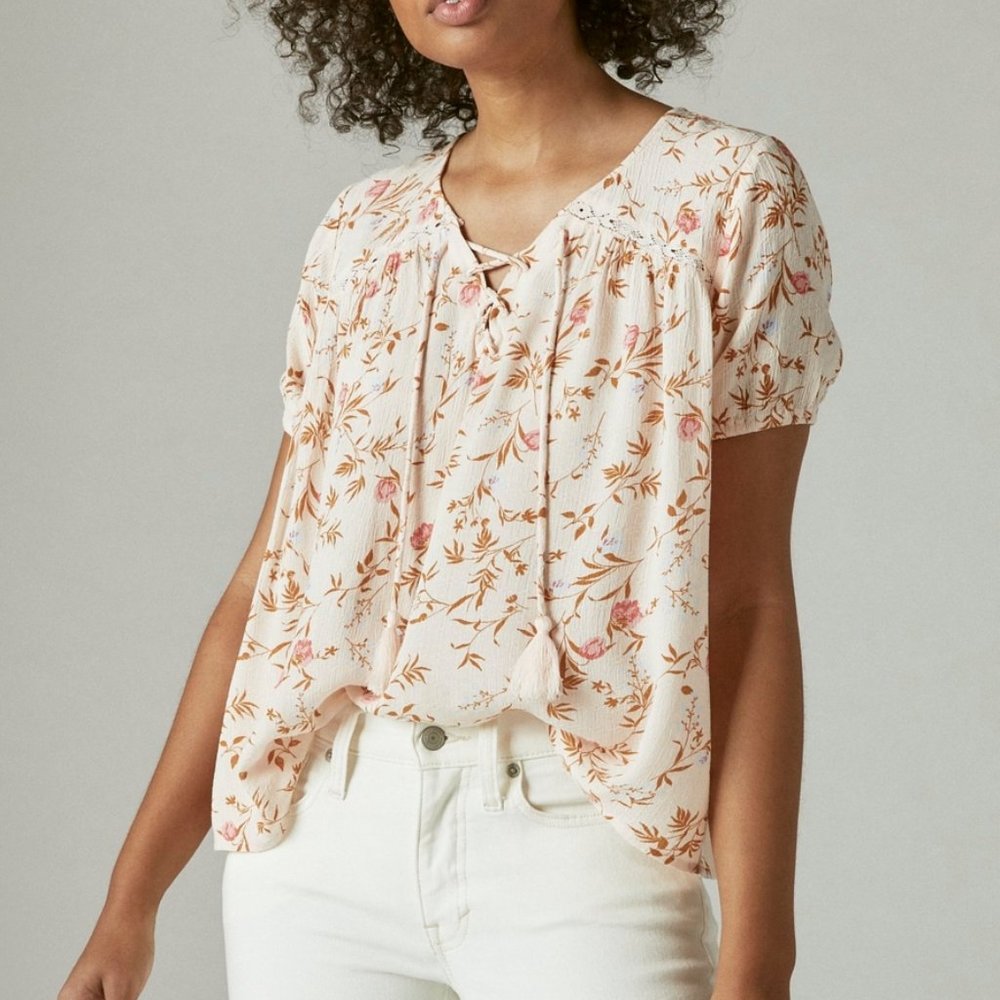 Lucky Brand Lace-Up Peasant Blouse - Boho Pink with Floral Design - Size Small